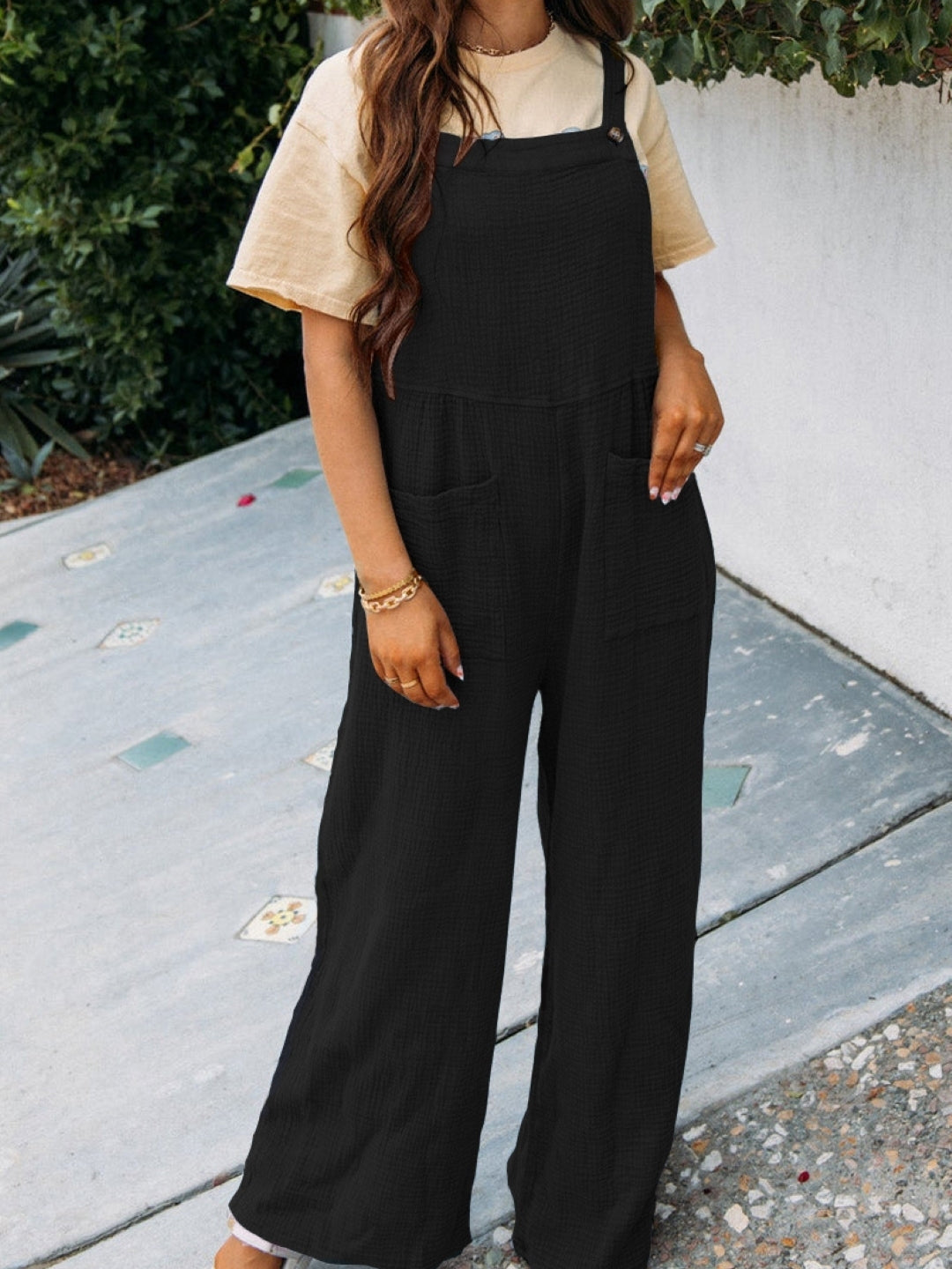 Black Square Neck Sleeveless Solid Polyester Jumpsuit