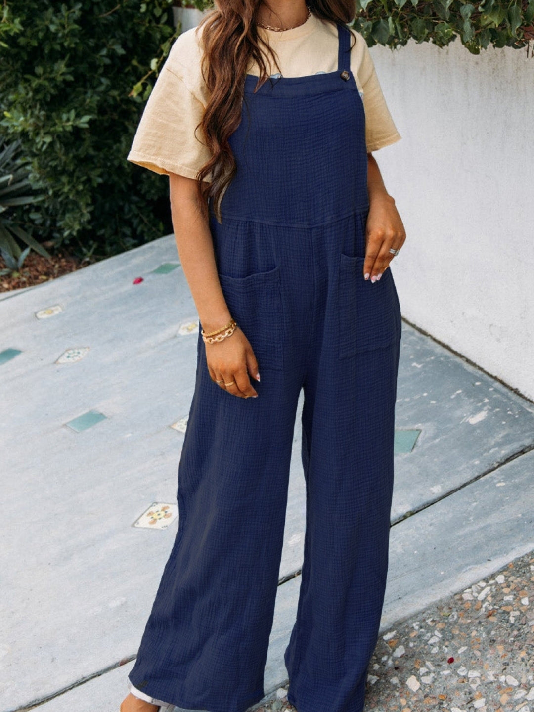 Navy Blue Square Neck Sleeveless Solid Polyester Jumpsuit