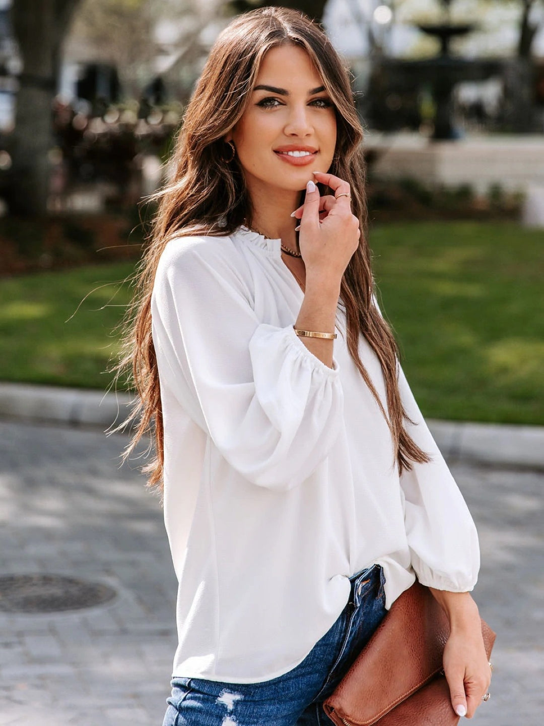 White V-Neck Long Sleeves Solid Polyester Top