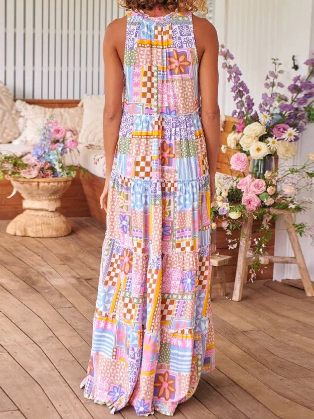 Pink Round Neck A-Line Floral Sleeveless Maxi Polyester Dress