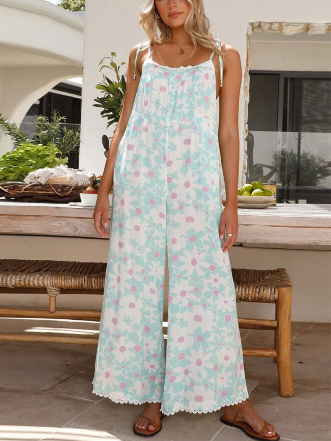 Blue Shoulder Straps Sleeveless Printed Polyester Jumpsuit