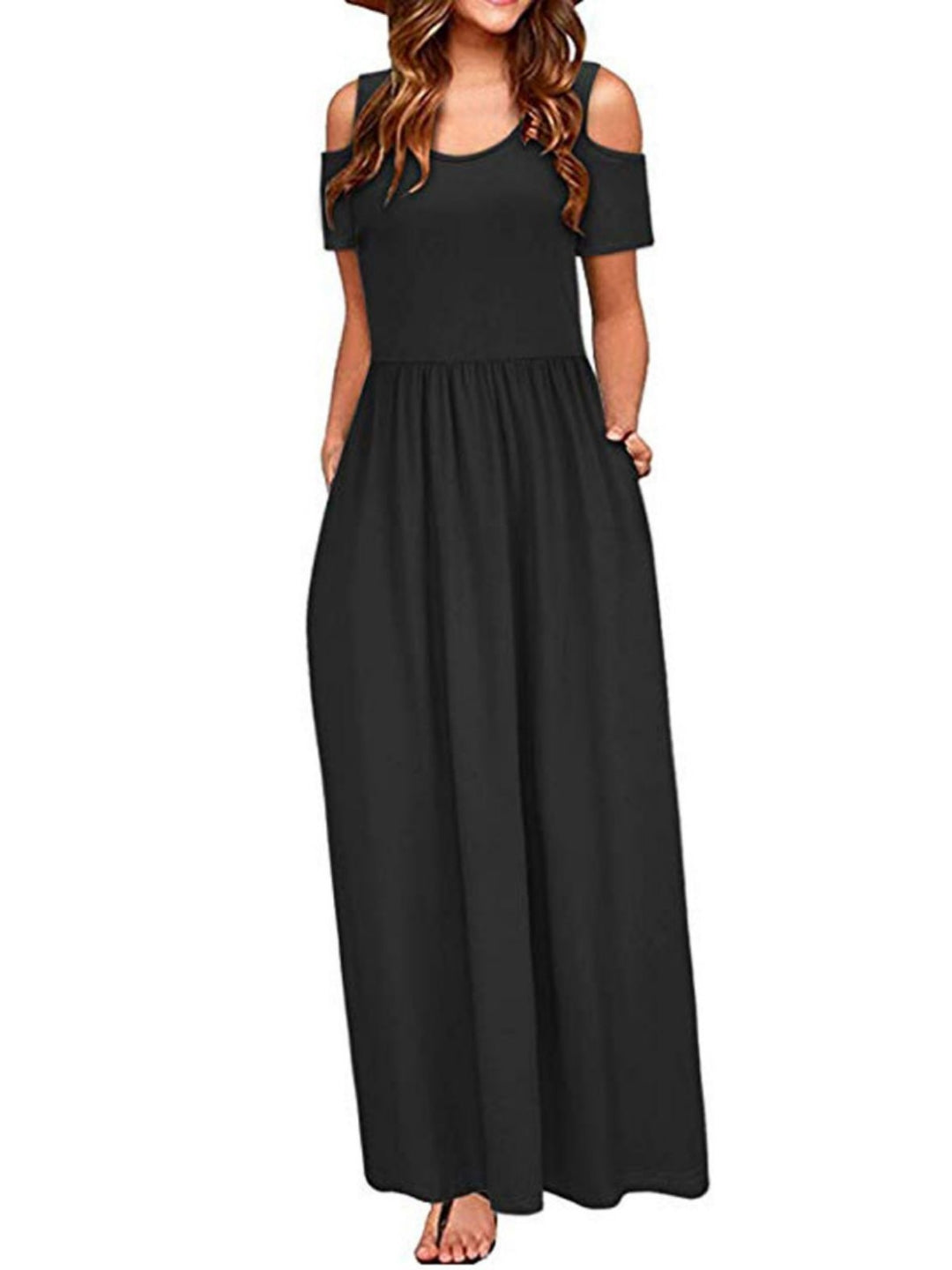 Black Round Neck A-Line Solid Short Sleeves Maxi Polyester Dress