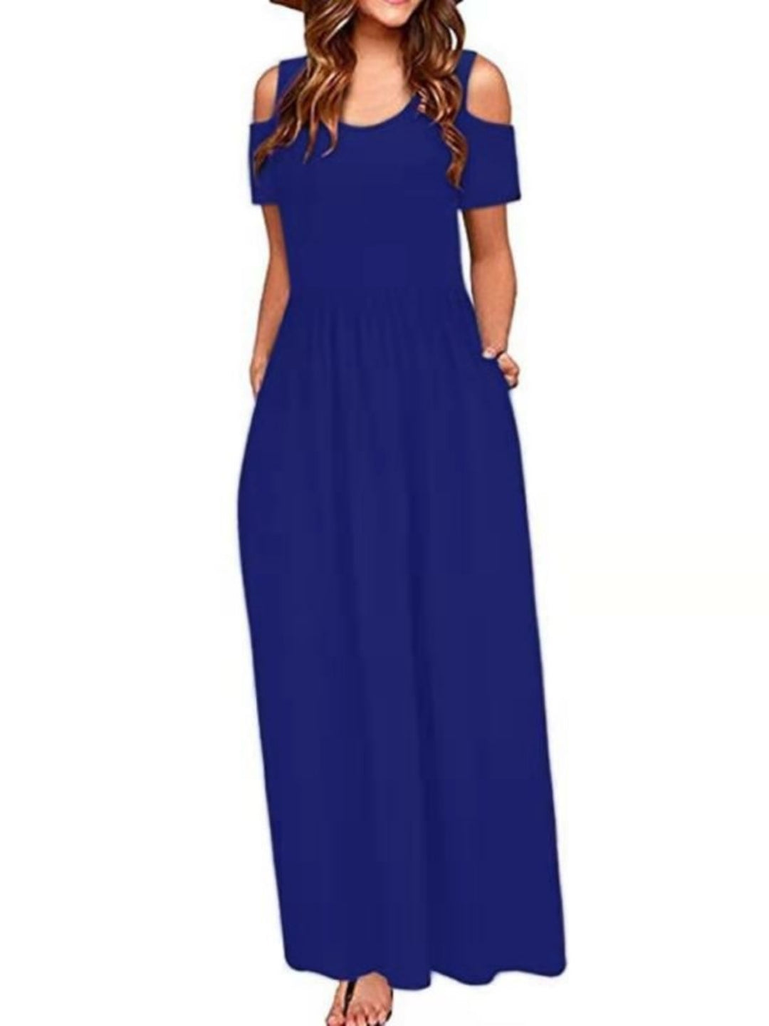 Blue Round Neck A-Line Solid Short Sleeves Maxi Polyester Dress