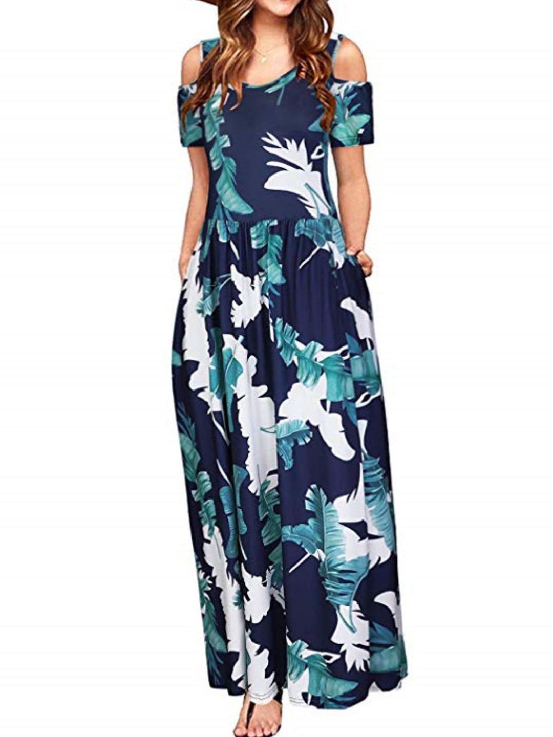 Navy Blue Round Neck A-Line Solid Short Sleeves Maxi Polyester Dress