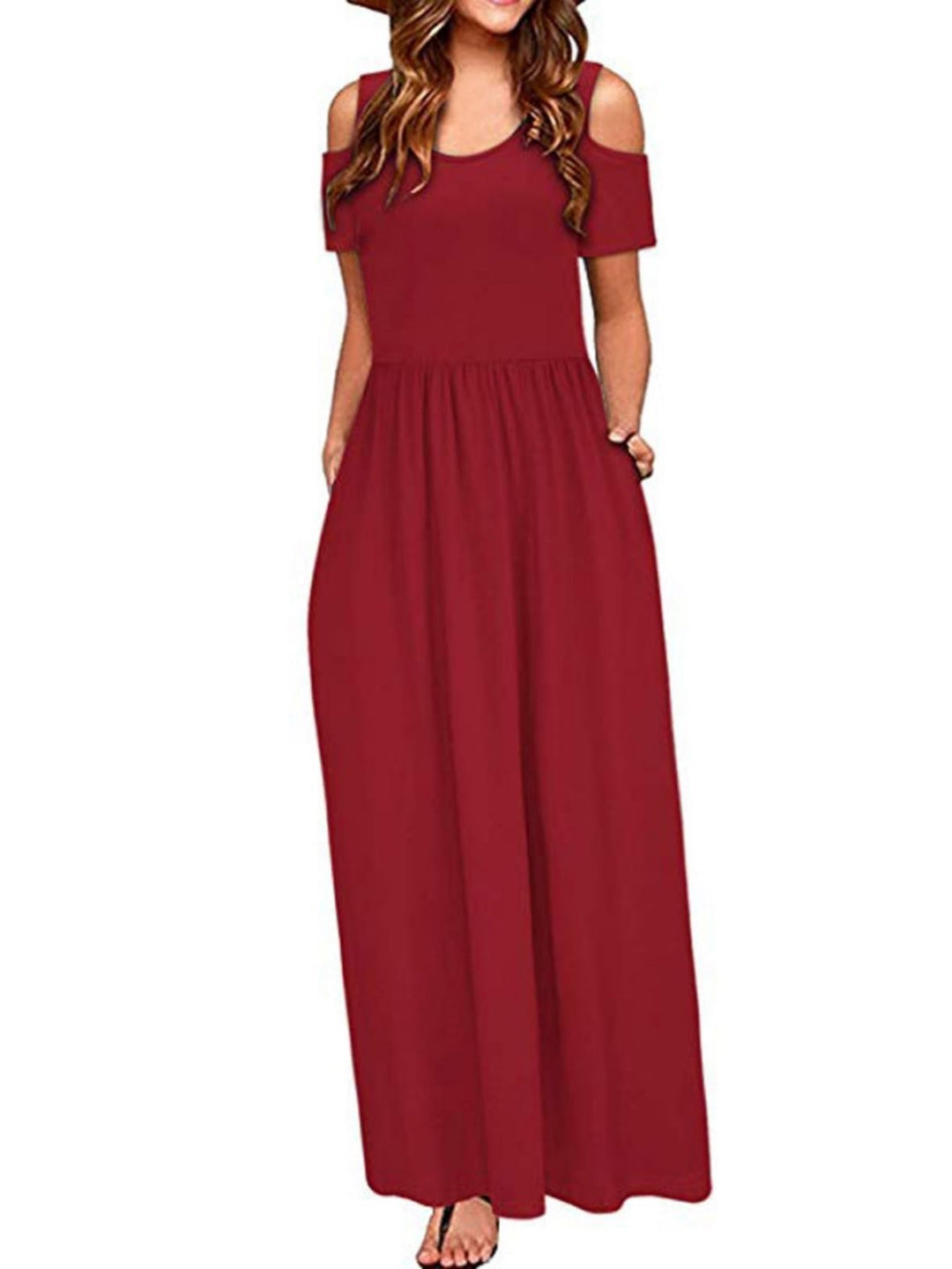Red Round Neck A-Line Solid Short Sleeves Maxi Polyester Dress