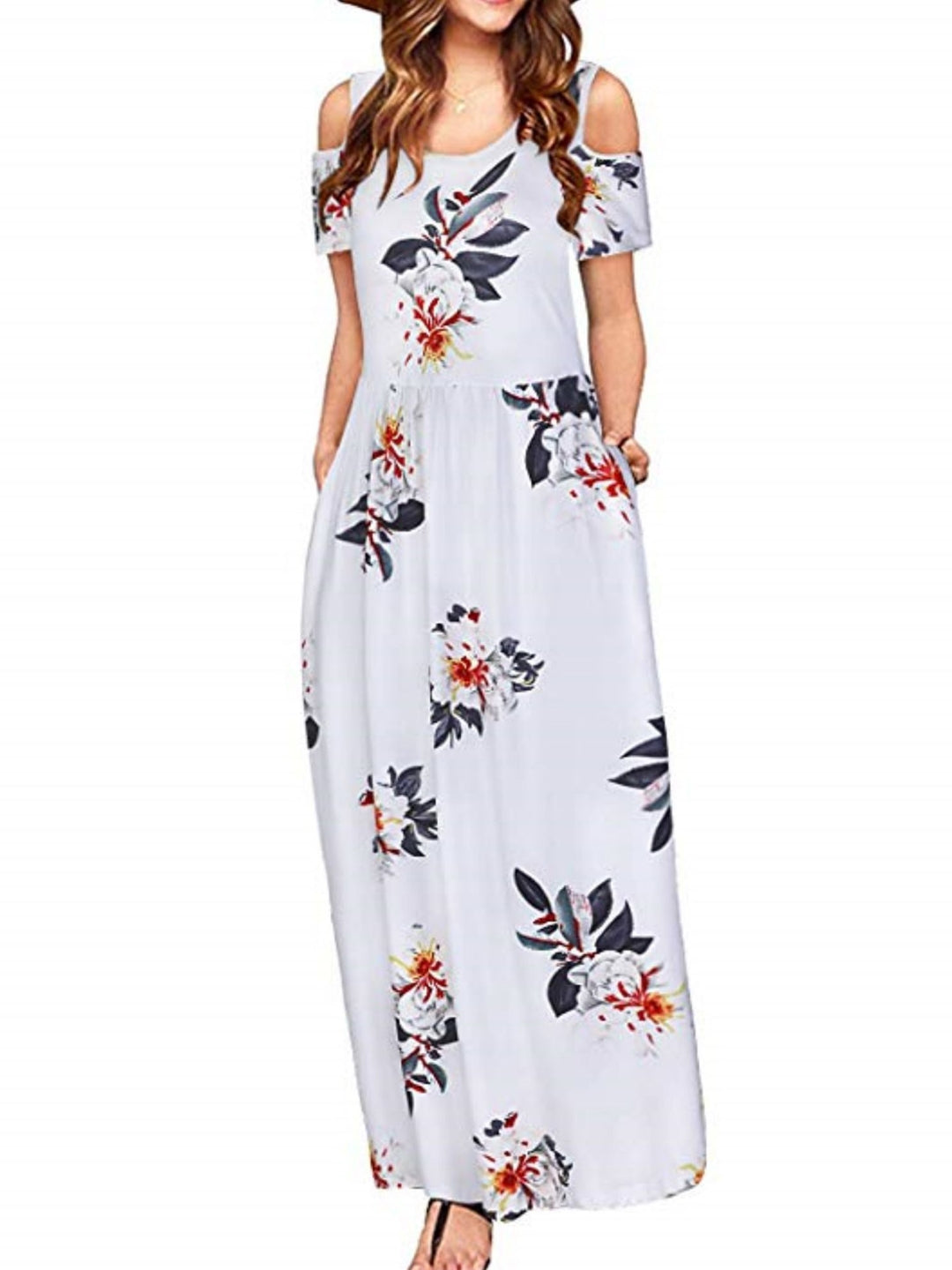 White Round Neck A-Line Solid Short Sleeves Maxi Polyester Dress