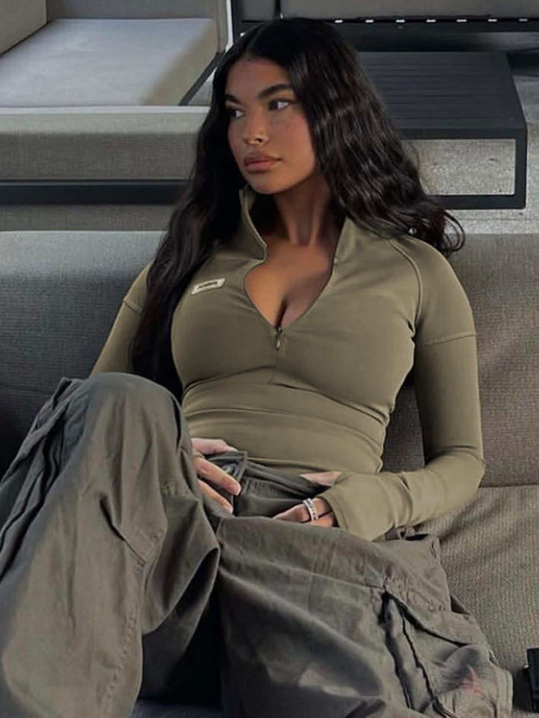 Green V-Neck Long Sleeves Solid Polyester Top