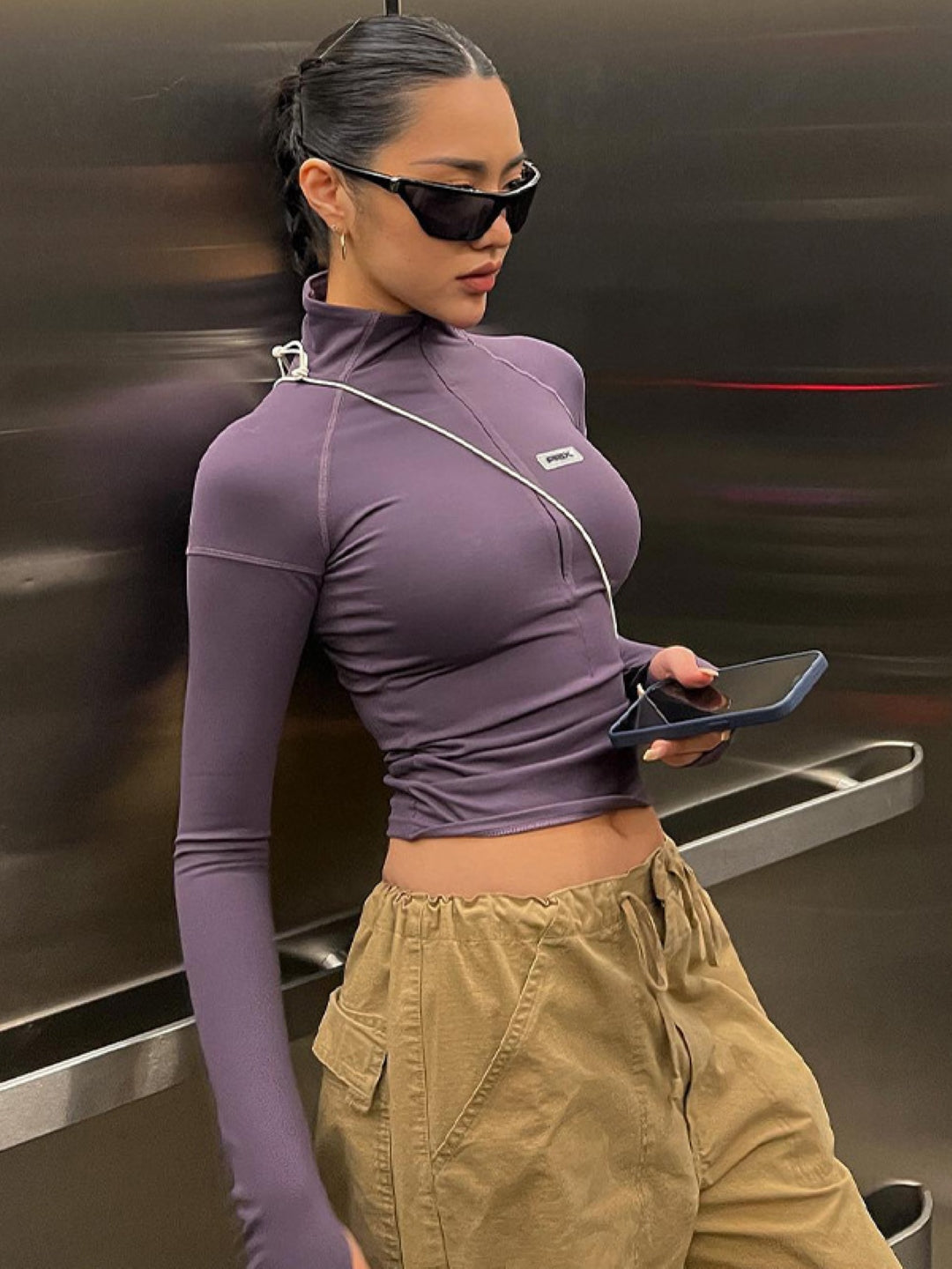 Purple V-Neck Long Sleeves Solid Polyester Top