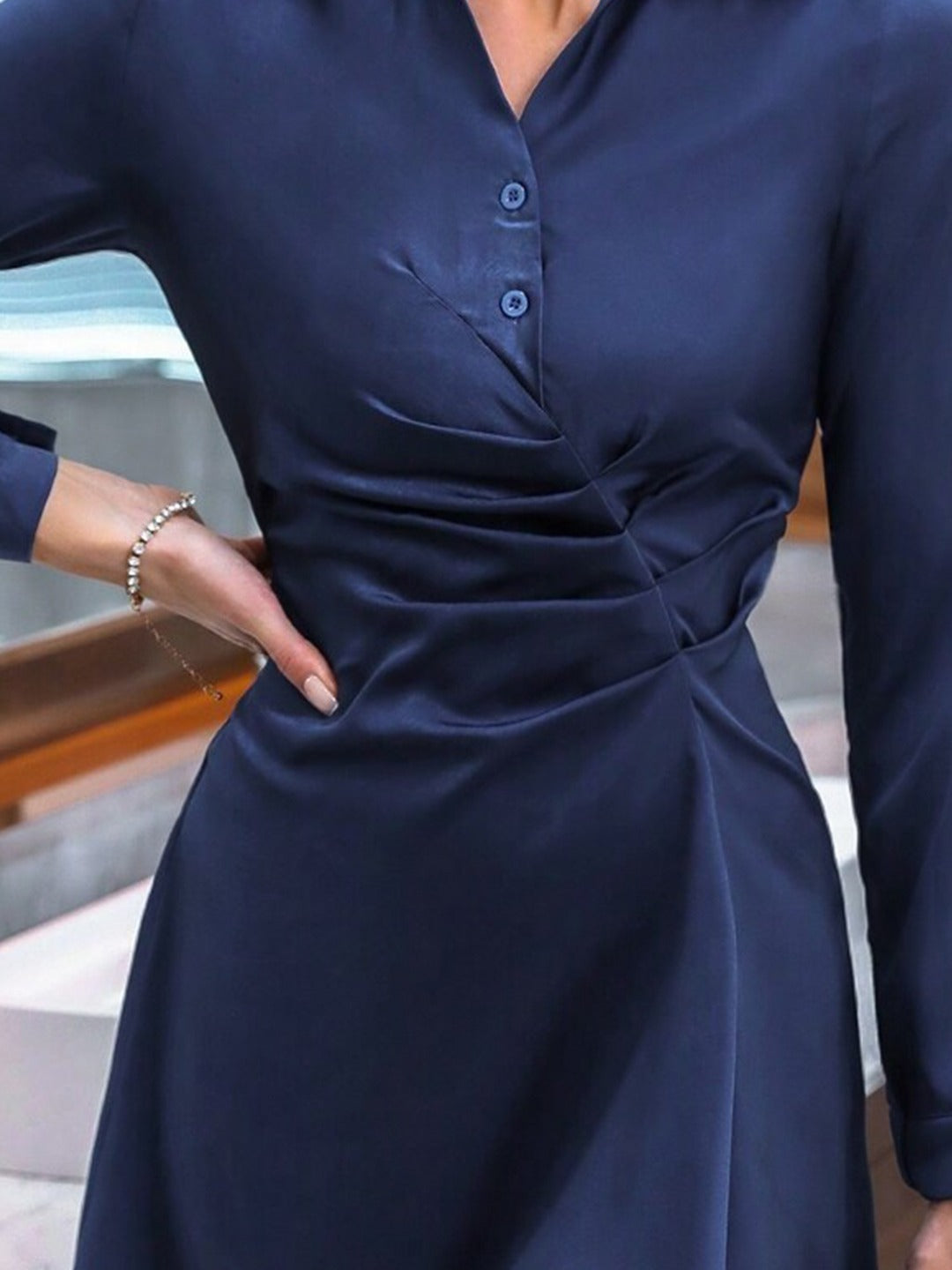 Blue Shirt Collar Solid A-Line Polyester Above Knee Long Sleeves Dress