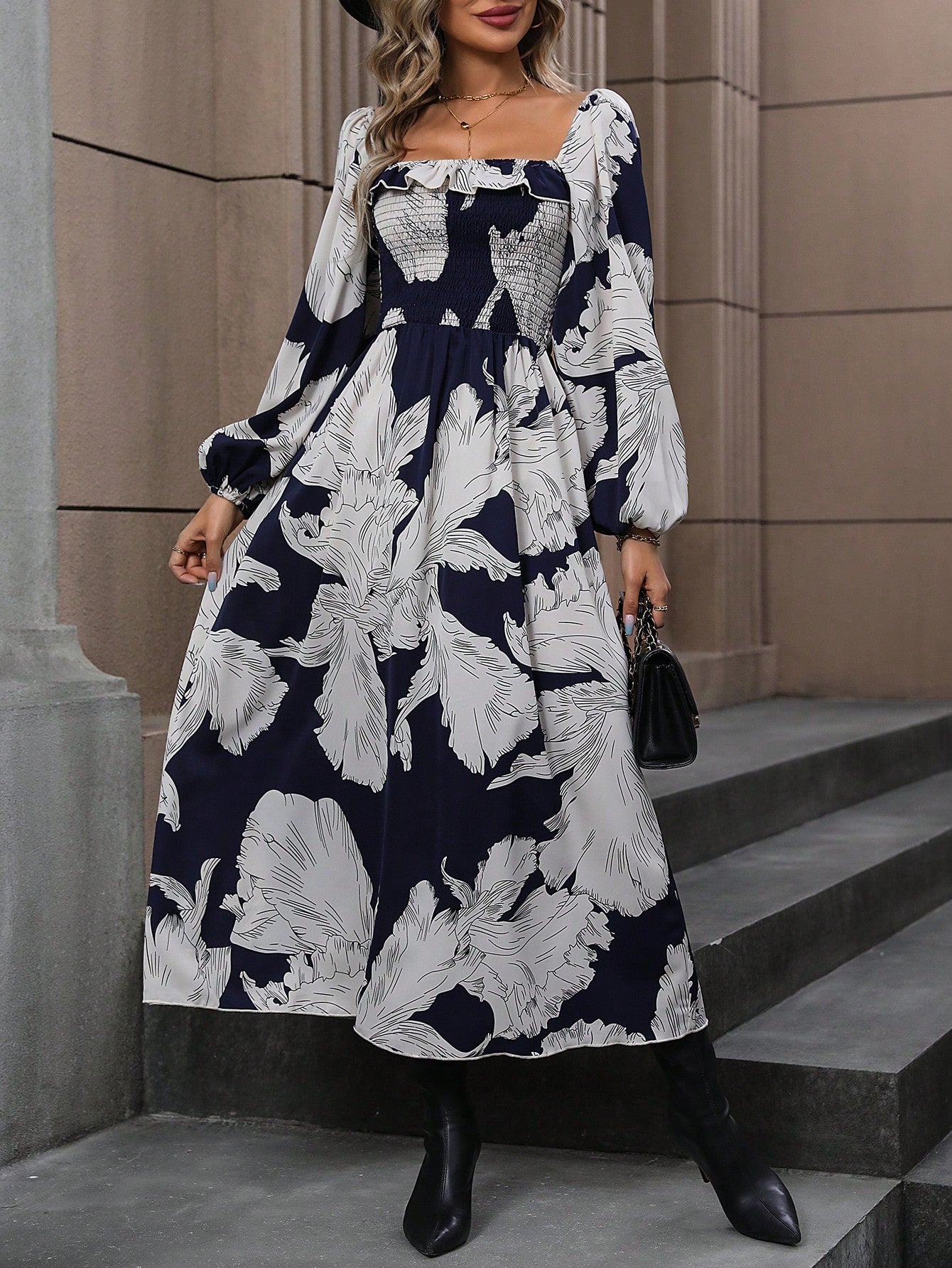 Black Square Neck Floral A-Line Polyester Maxi Long Sleeves Dress