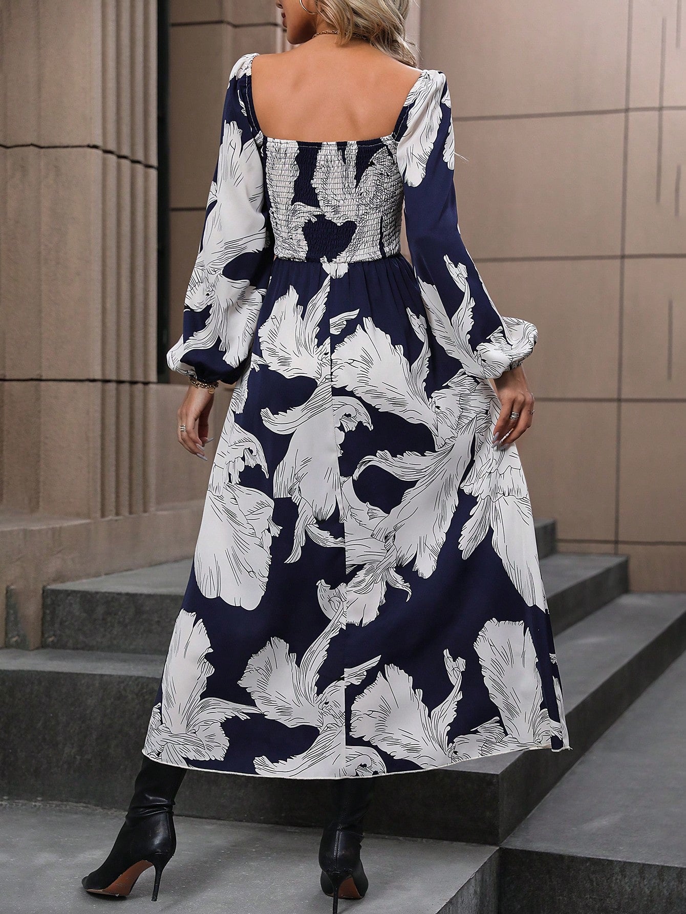 Black Square Neck Floral A-Line Polyester Maxi Long Sleeves Dress