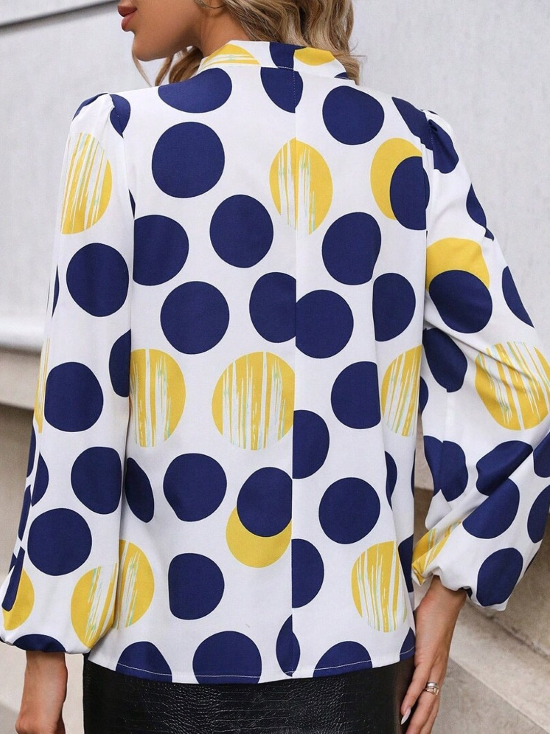 Blue Polka Dots V-Neck Long Sleeves Polyester Top