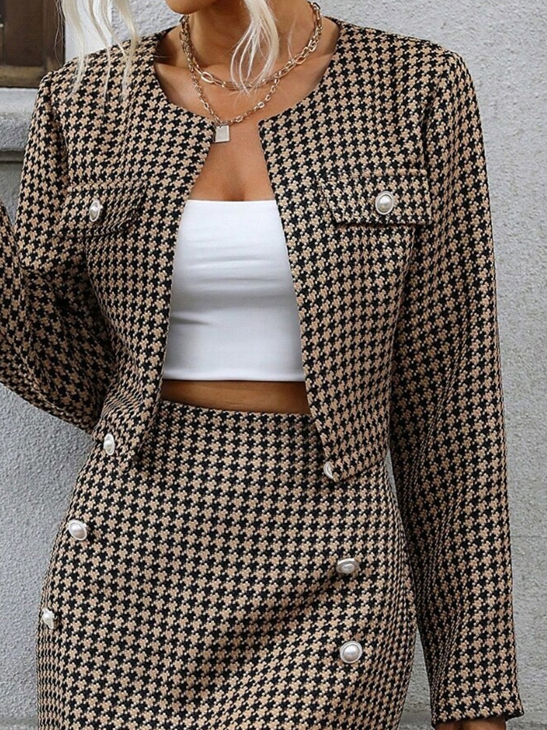 Brown Checked Round Neck Long Sleeves Polyester Top