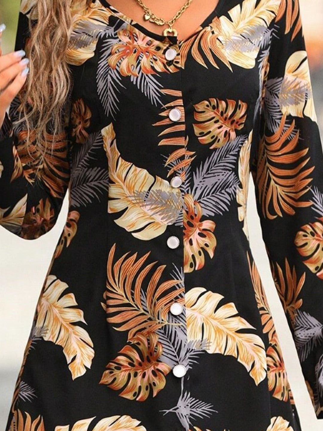 Black V-Neck Floral Bodycon Polyester Above Knee Long Sleeves Dress