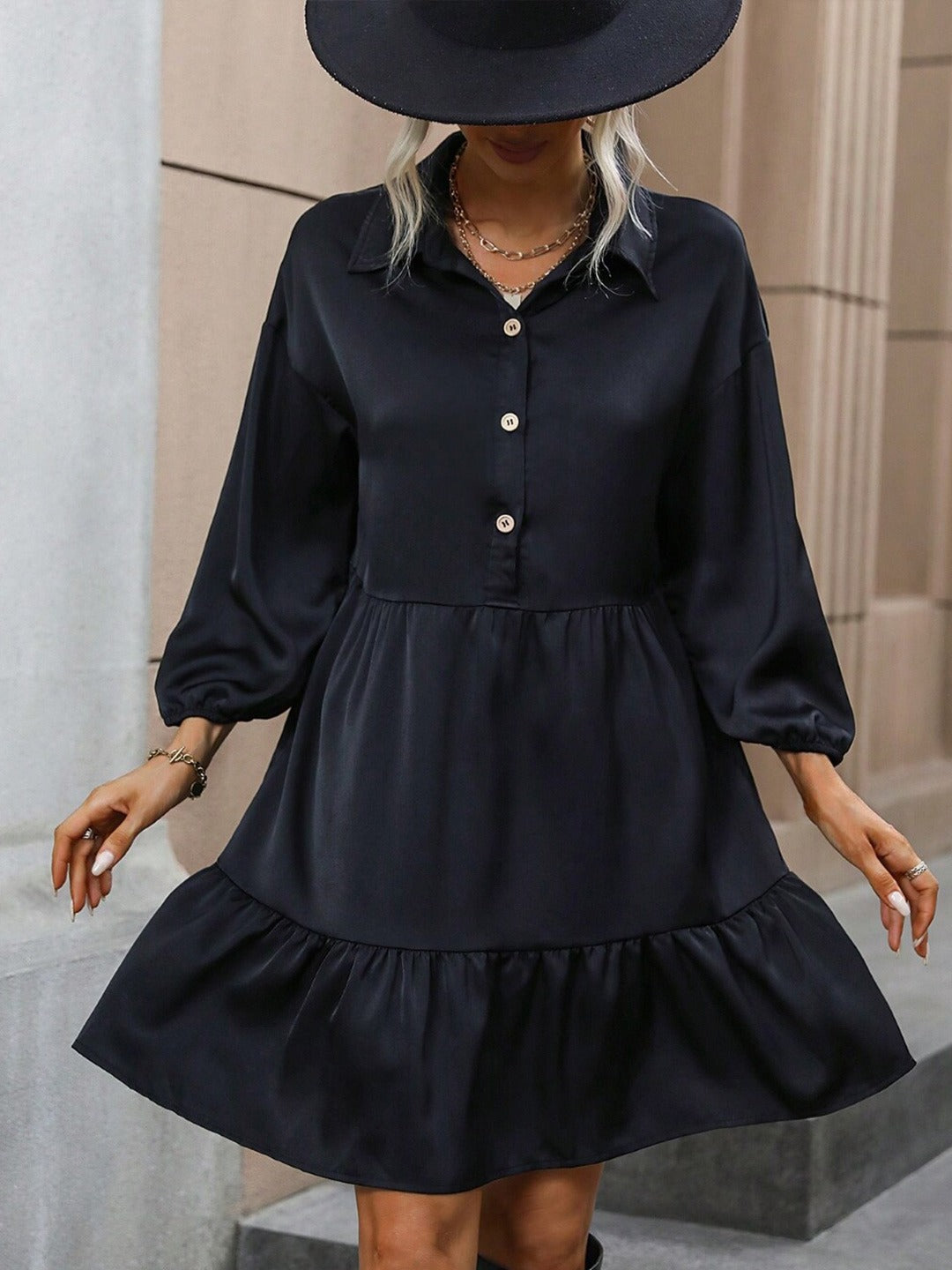 Black V-Neck Solid A-Line Polyester Knee Length Long Sleeves Dress