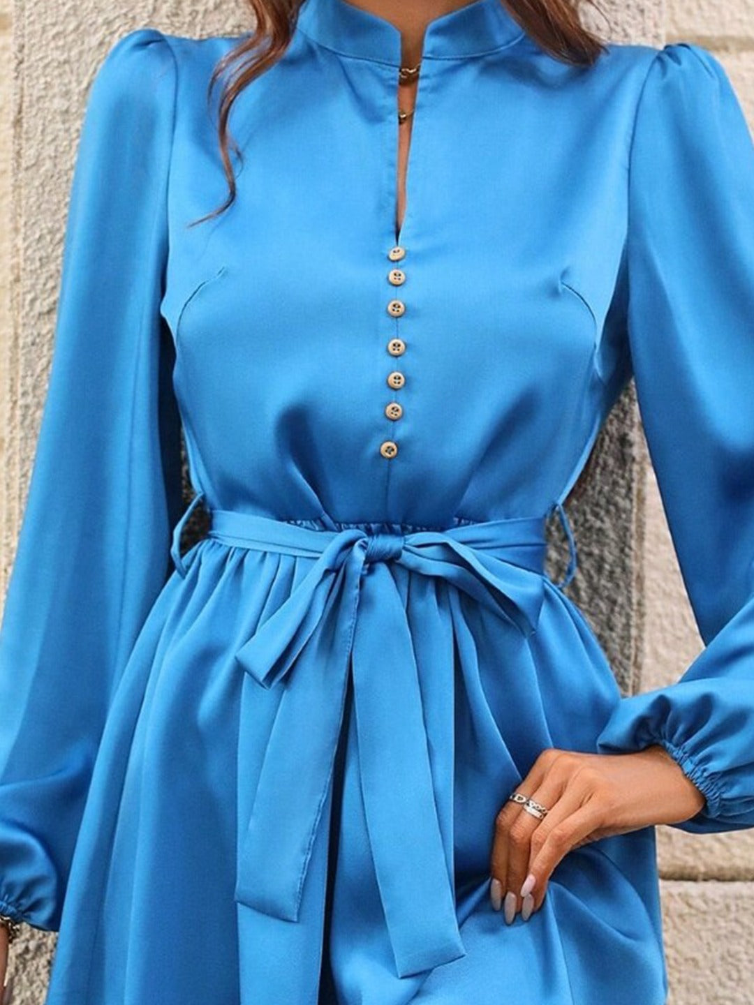 Blue Round Neck Solid A-Line Polyester Above Knee Long Sleeves Dress