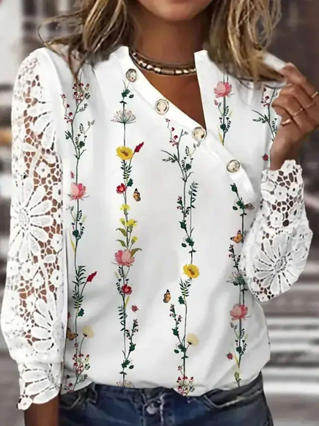 White Floral V-Neck Long Sleeves Solid Polyester Top