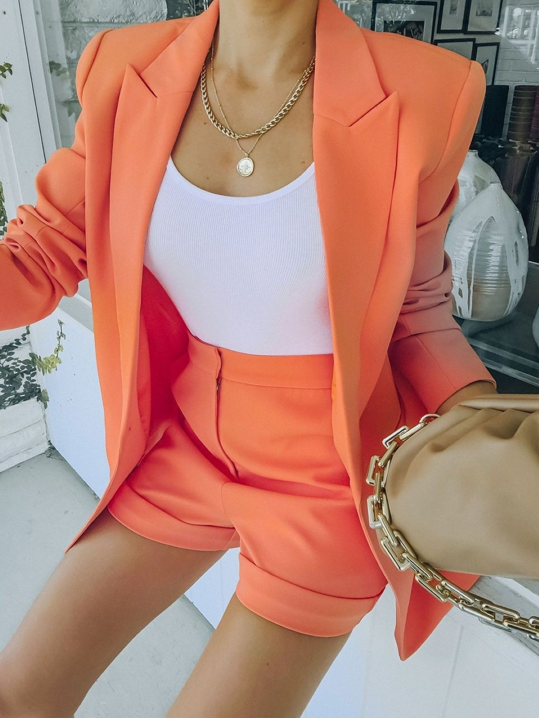 Orange Lapel Collar Three-Quarter Sleeves Solid Polyester Open Front Jacket