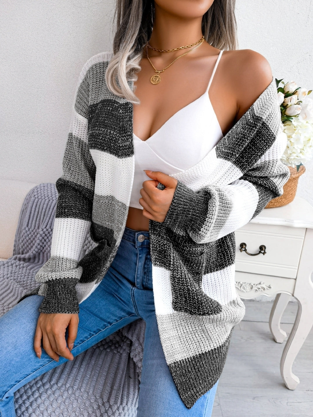 Black Collarless Long Sleeves Striped Polyester Open Front Jacket