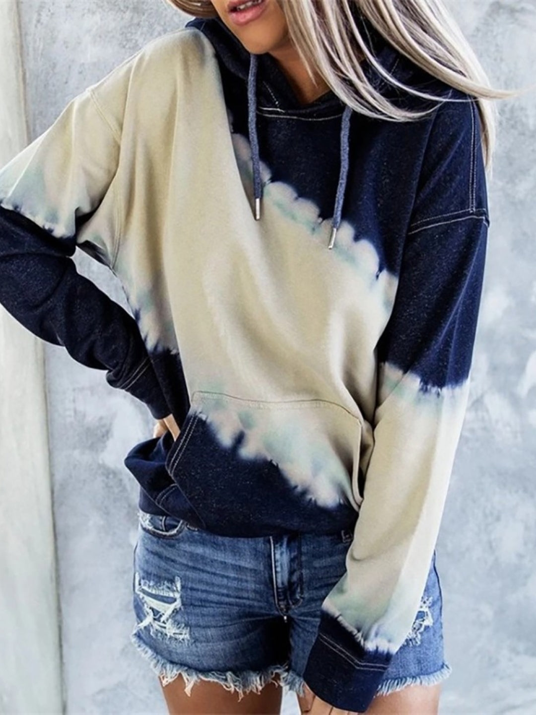 Blue White Hood Colourblocked Long Sleeves Woven Polyester Tops