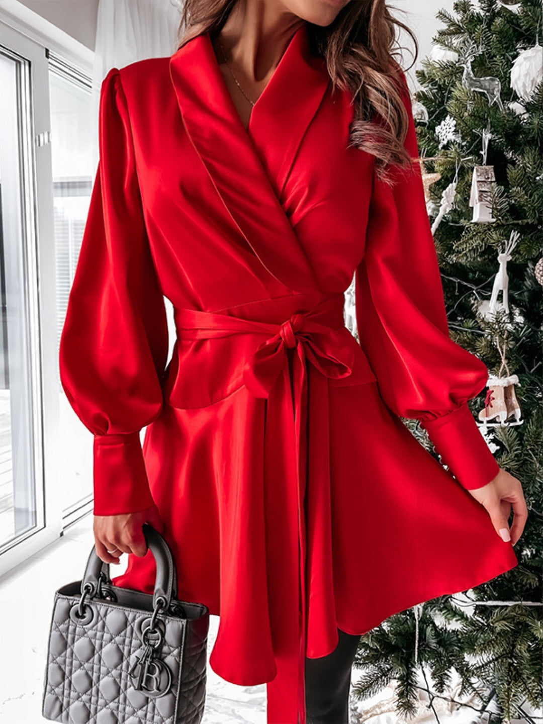 Red Halter Neck Fit and Flare Party Solid Long Sleeves Above Knee Polyester Dress