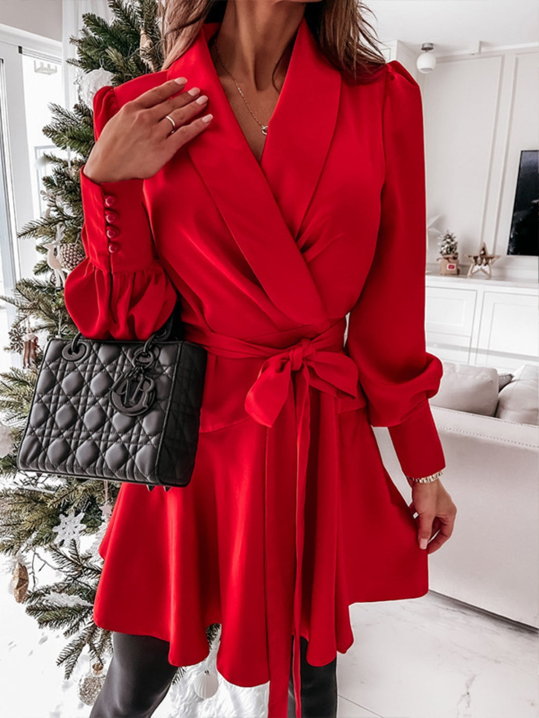 Red Halter Neck Fit and Flare Party Solid Long Sleeves Above Knee Polyester Dress