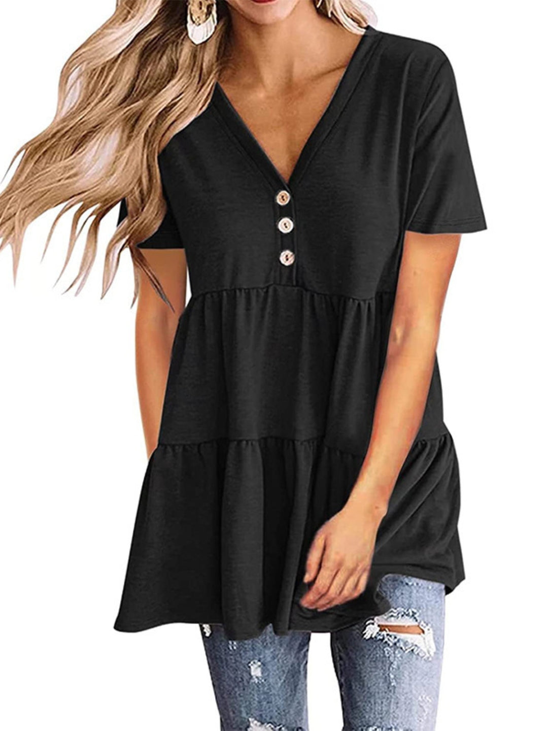 Black V-Neck Solid Short Sleeves Woven Polyester Tops