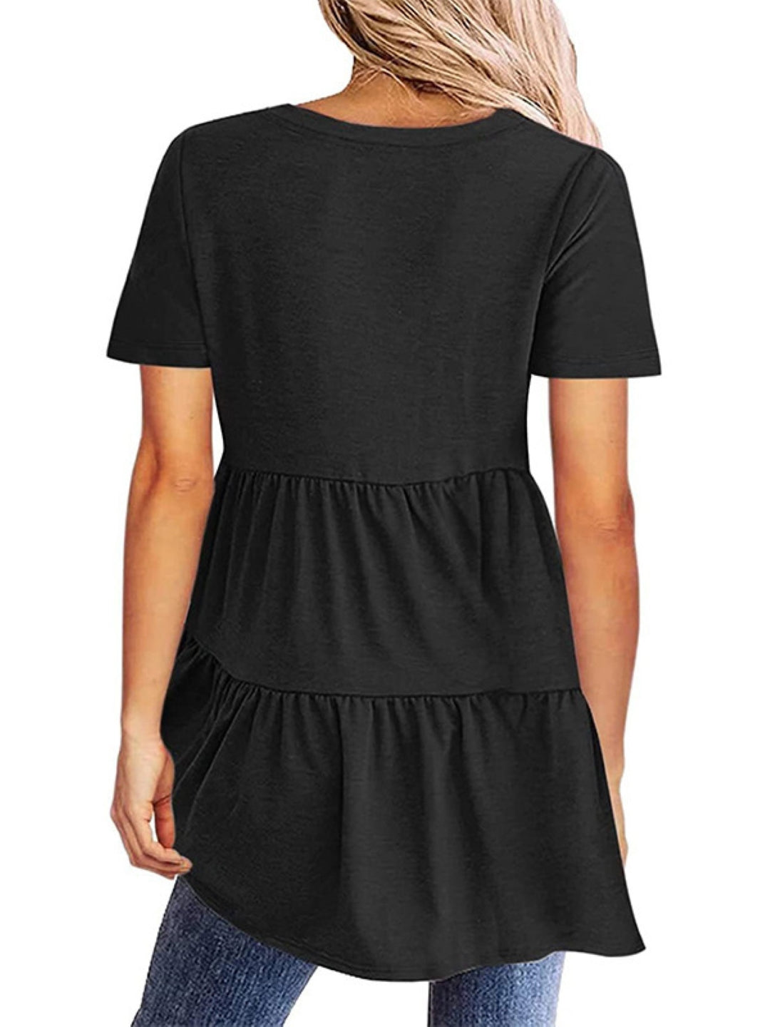 Black V-Neck Solid Short Sleeves Woven Polyester Tops