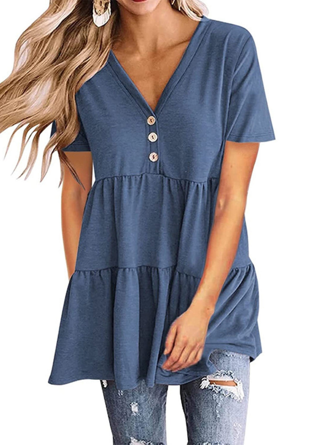 Blue V-Neck Solid Short Sleeves Woven Polyester Tops