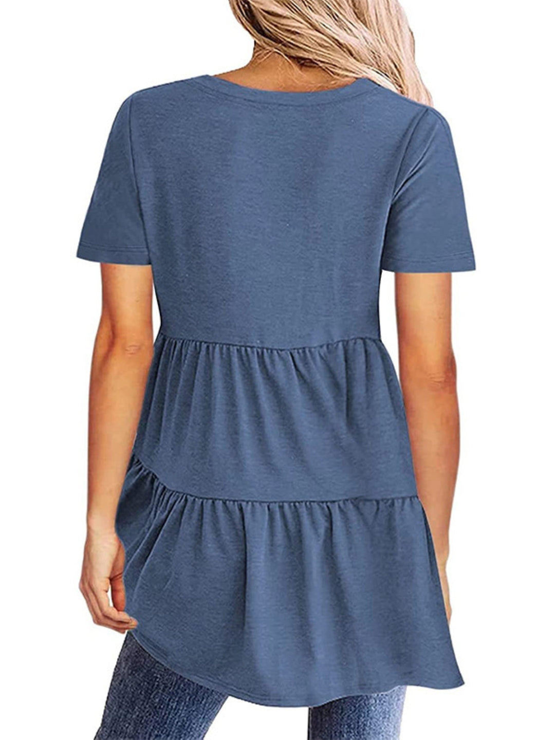 Blue V-Neck Solid Short Sleeves Woven Polyester Tops