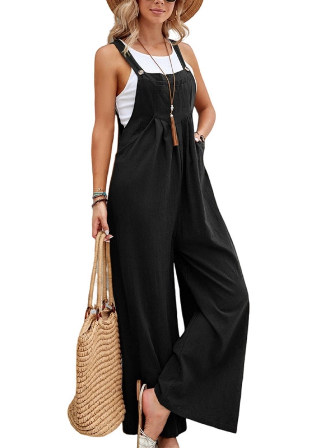 Black Solid Sleeveless Shoulder Straps Polyester Playsuit