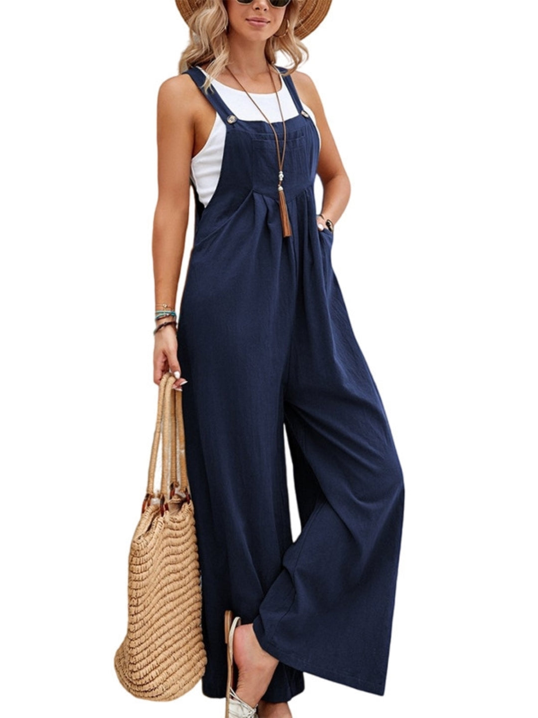 Blue Solid Sleeveless Shoulder Straps Polyester Playsuit