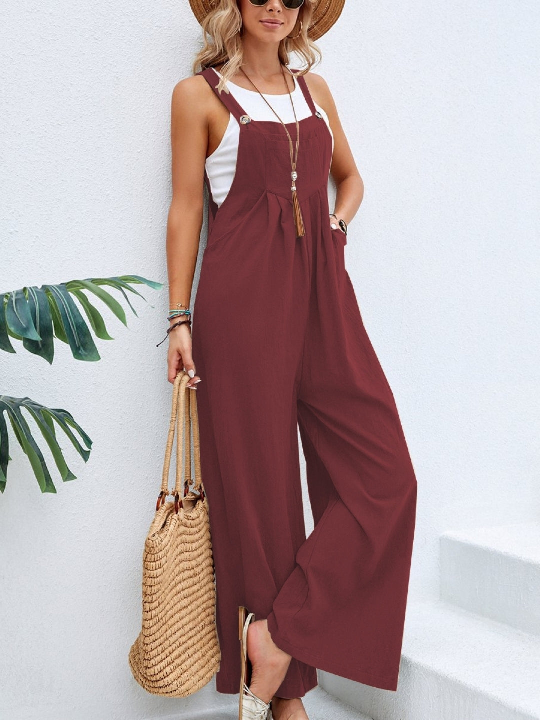 Brick Red Solid Sleeveless Shoulder Straps Polyester Playsuit