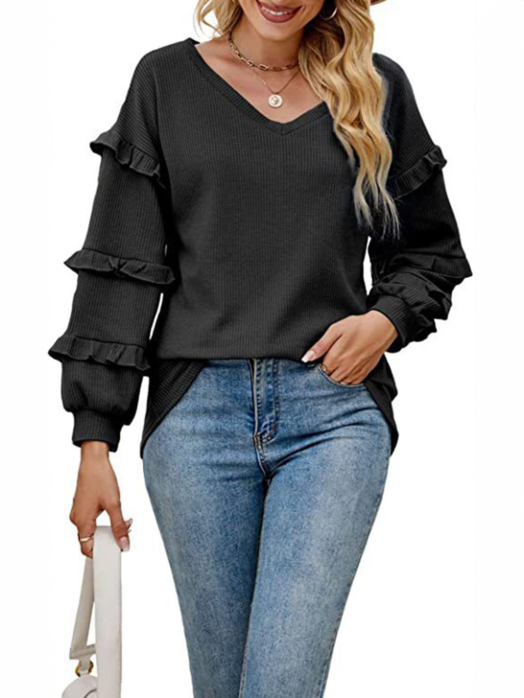 Black V-Neck Solid Long Sleeves Woven Polyester Tops