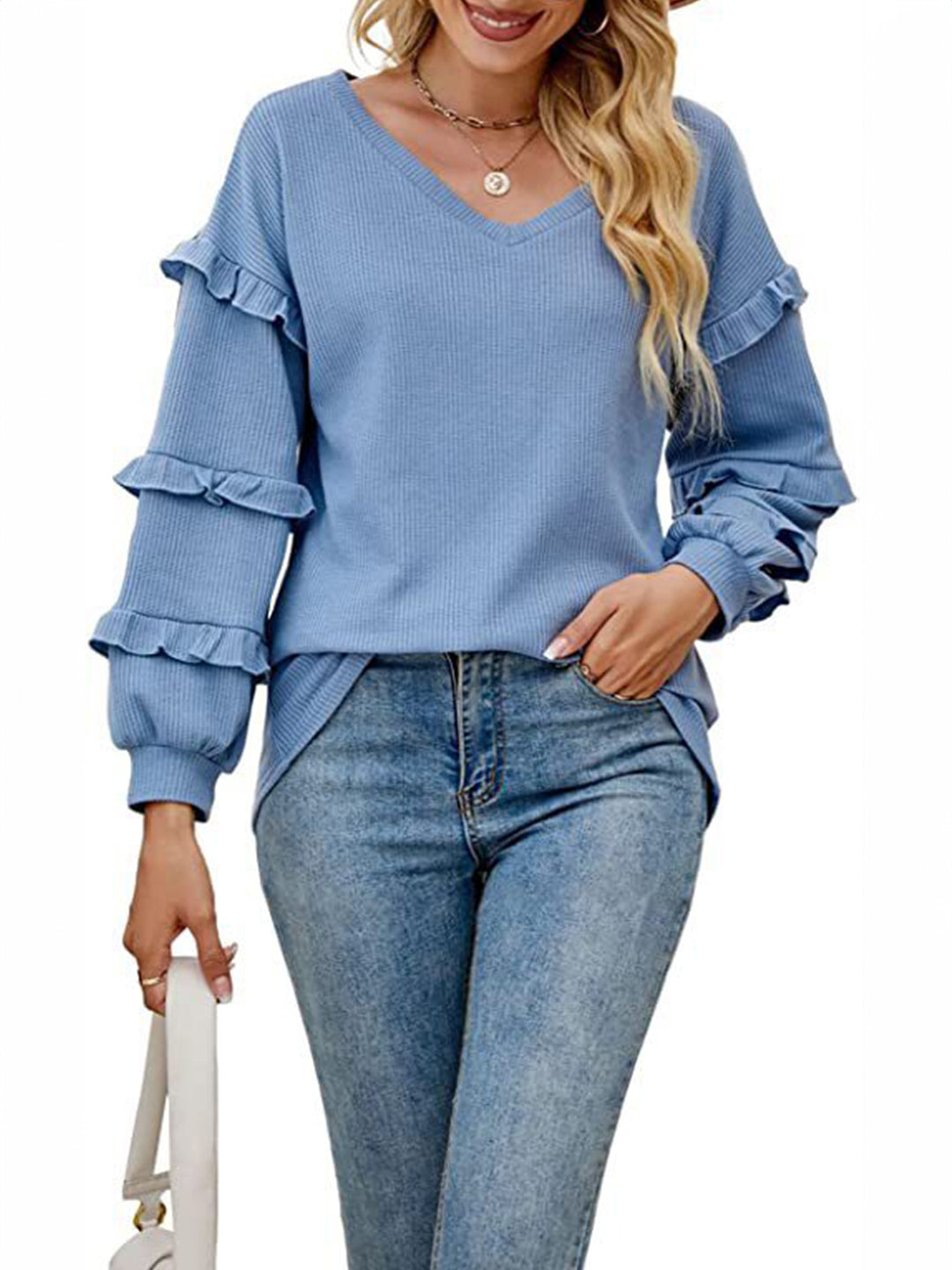 Blue V-Neck Solid Long Sleeves Woven Polyester Tops