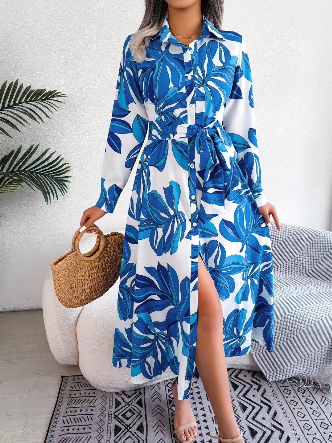 Blue Shirt Collar A-Line Floral Long Sleeves Maxi Polyester Dress