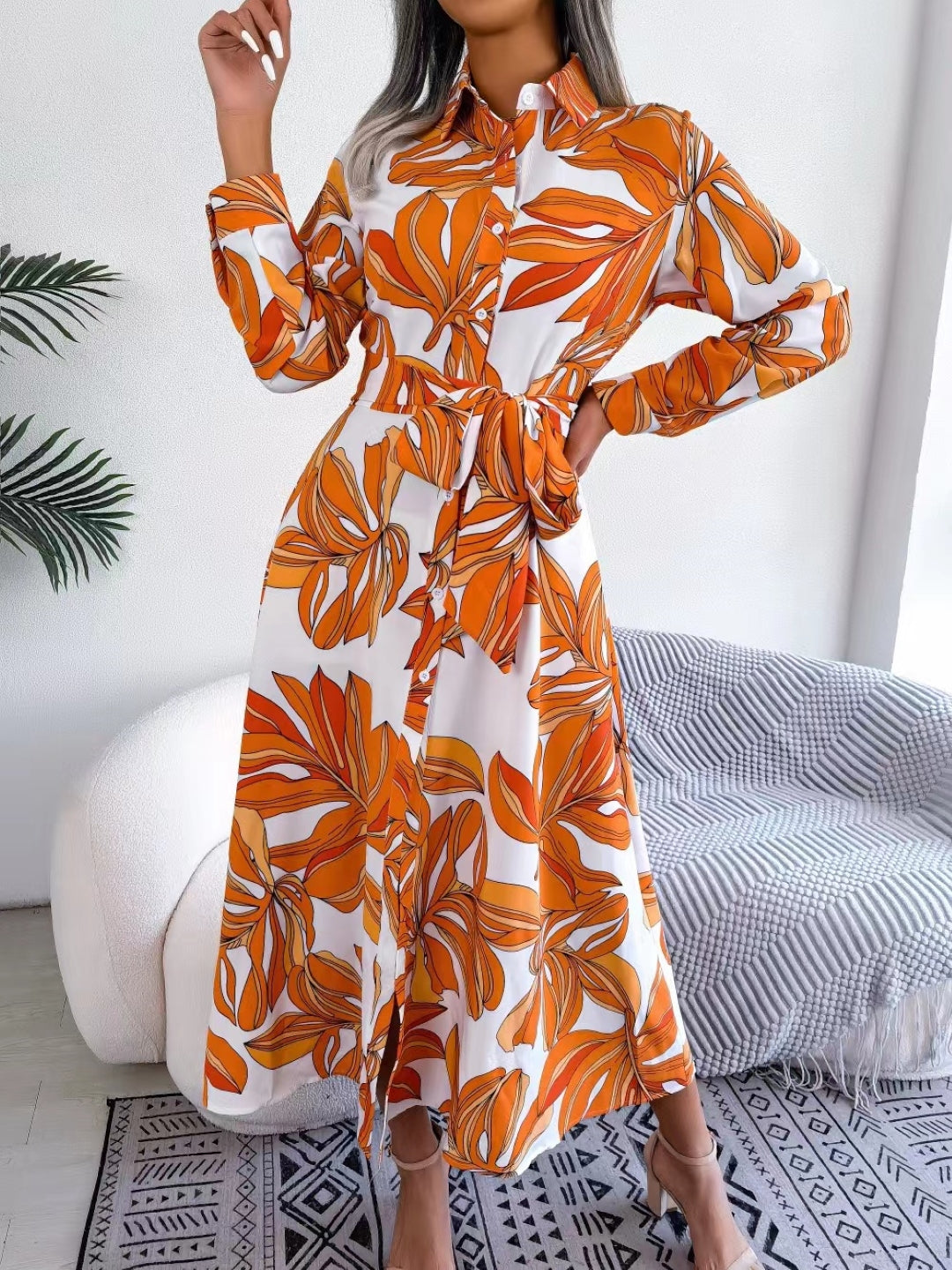 Orange Shirt Collar A-Line Floral Long Sleeves Maxi Polyester Dress