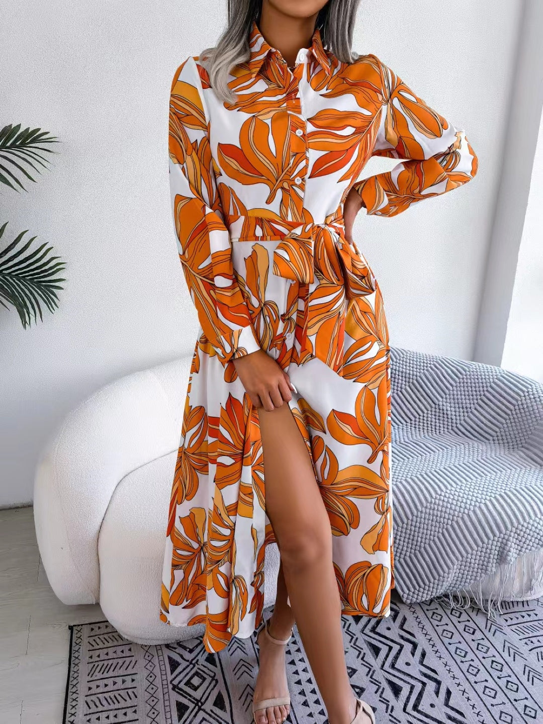 Orange Shirt Collar A-Line Floral Long Sleeves Maxi Polyester Dress