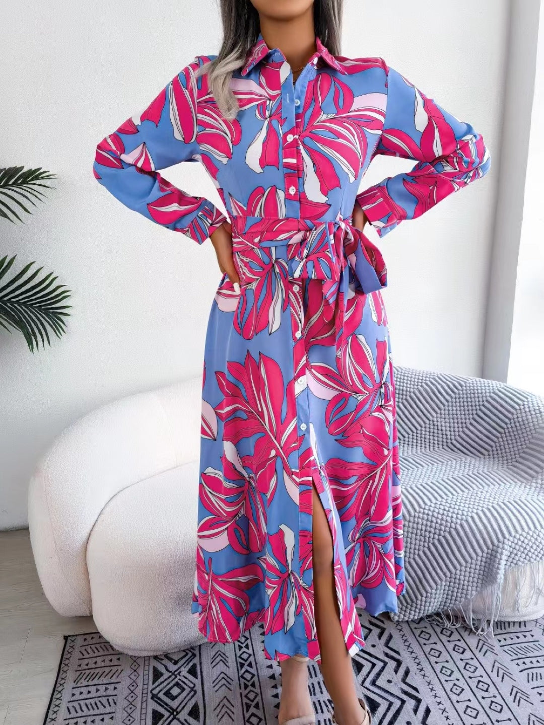 Purple Shirt Collar A-Line Floral Long Sleeves Maxi Polyester Dress