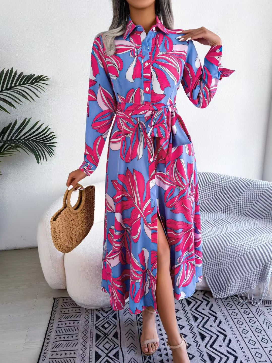 Purple Shirt Collar A-Line Floral Long Sleeves Maxi Polyester Dress