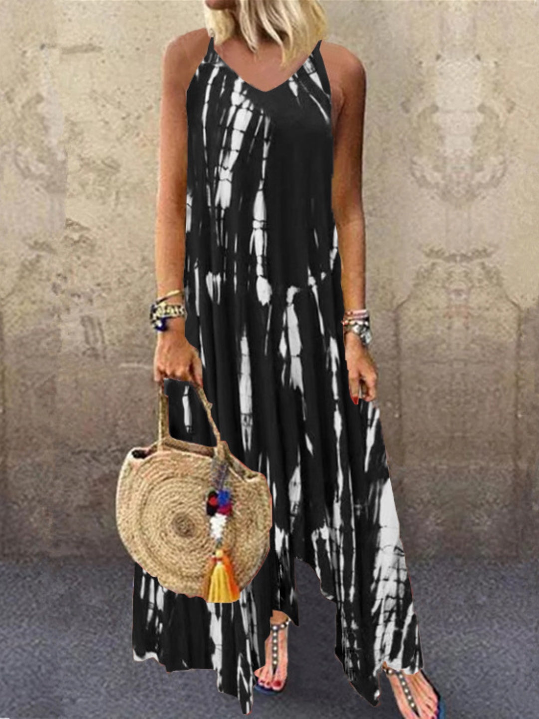 Black Shoulder Straps A-Line Party Abstract Sleeveless Maxi Polyester Dress