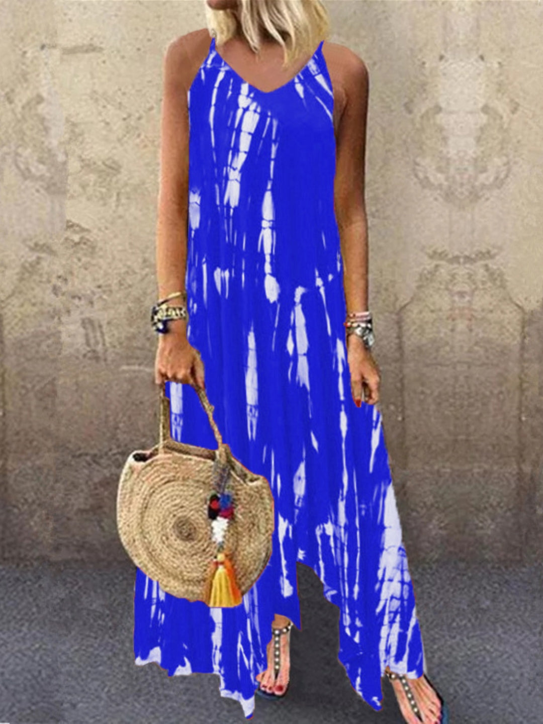 Blue Shoulder Straps A-Line Party Abstract Sleeveless Maxi Polyester Dress