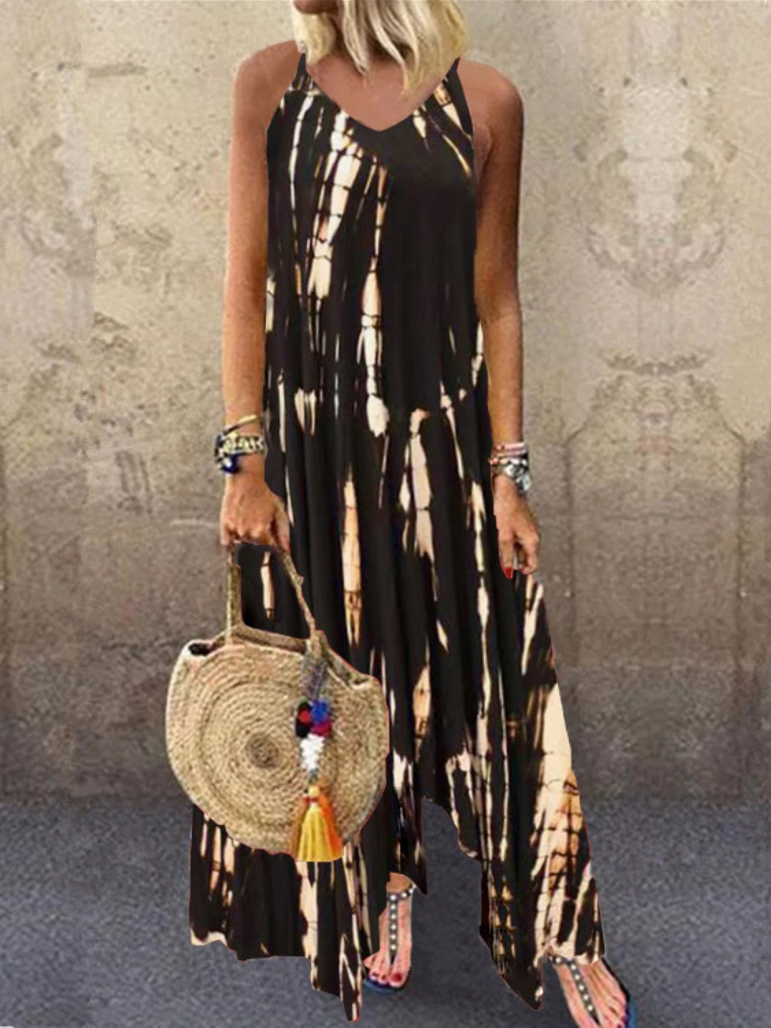 Brown Shoulder Straps A-Line Party Abstract Sleeveless Maxi Polyester Dress