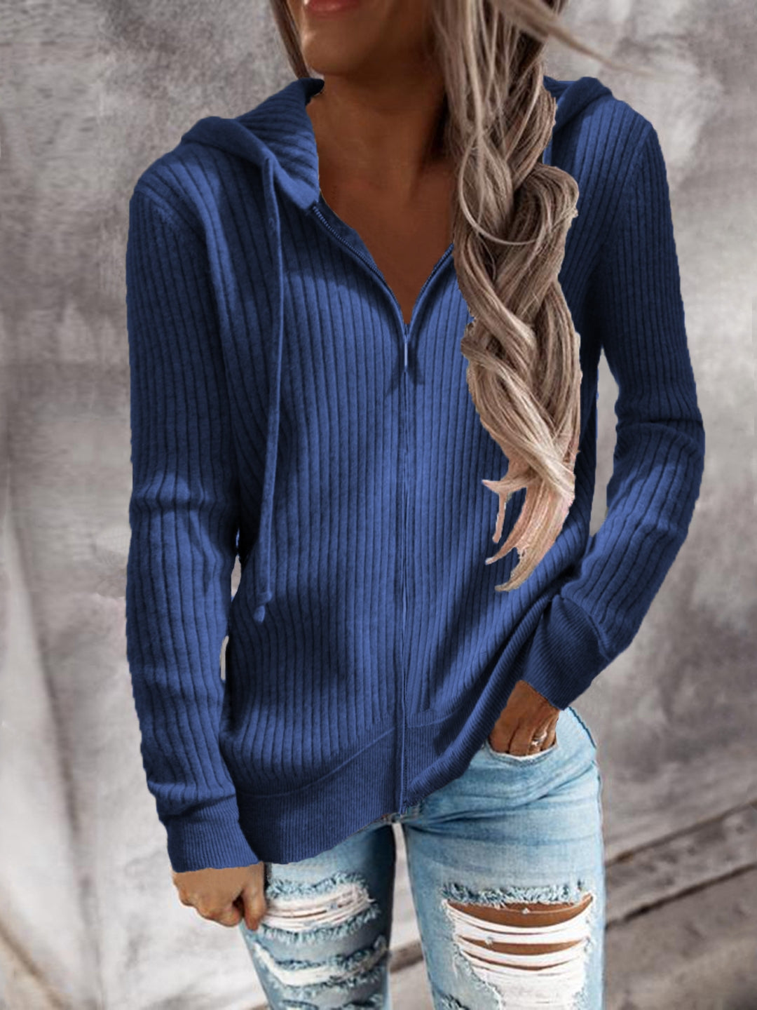 Blue Hood Solid Long Sleeves Woven Polyester Tops