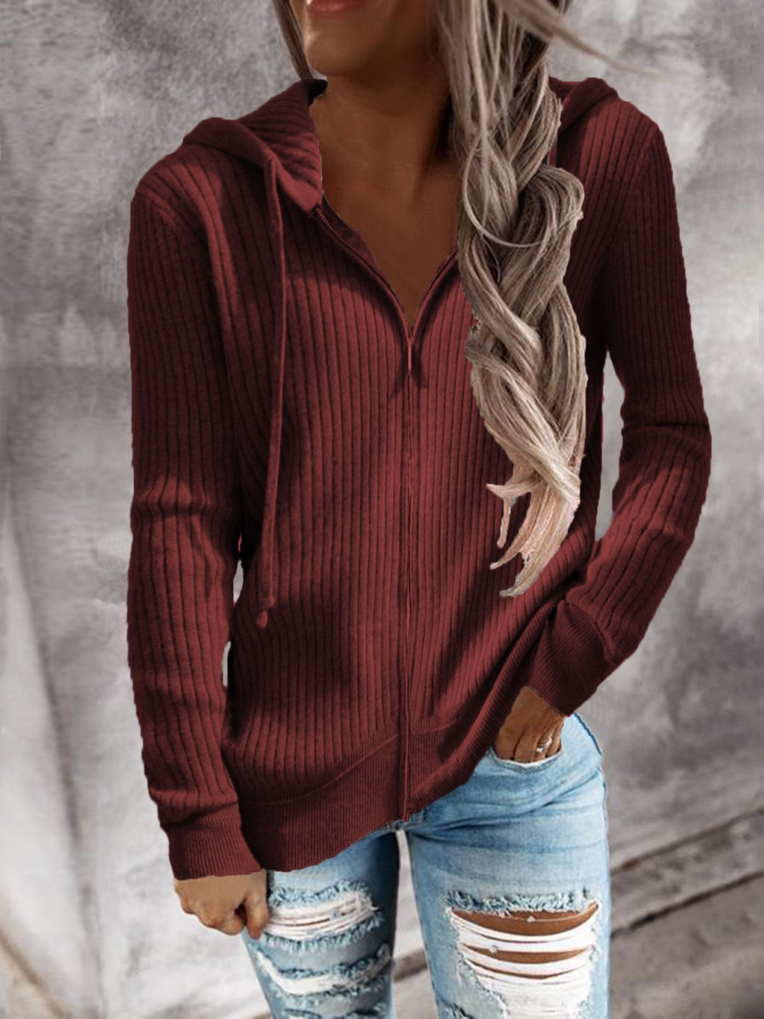 Burgundy Hood Solid Long Sleeves Woven Polyester Tops