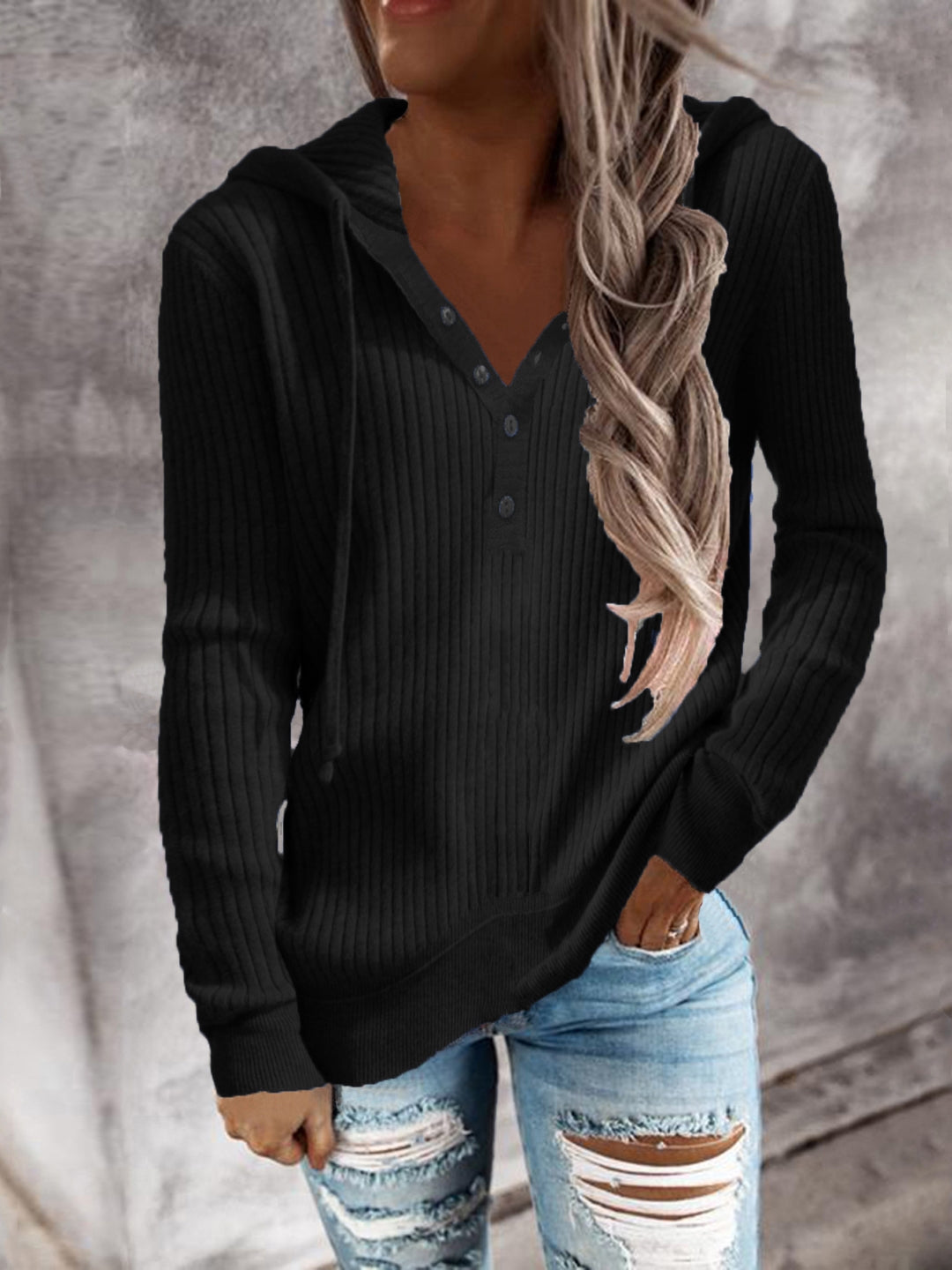 Black Hood Solid Long Sleeves Woven Polyester Tops