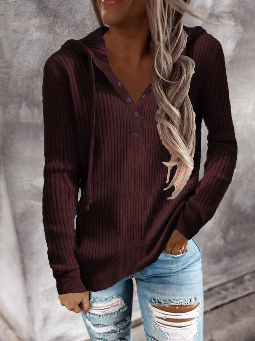 Burgundy Hood Solid Long Sleeves Woven Polyester Tops