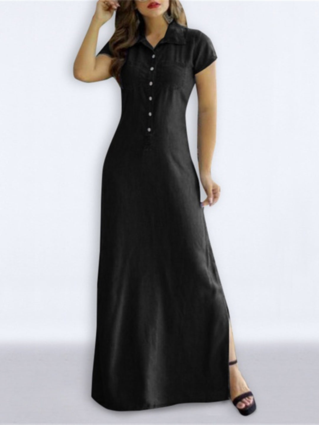 Black Shirt Collar A-Line Party Solid Short Sleeves Maxi Polyester Dress