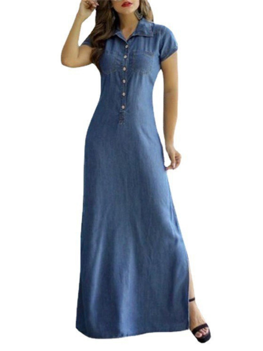 Blue Shirt Collar A-Line Party Solid Short Sleeves Maxi Polyester Dress