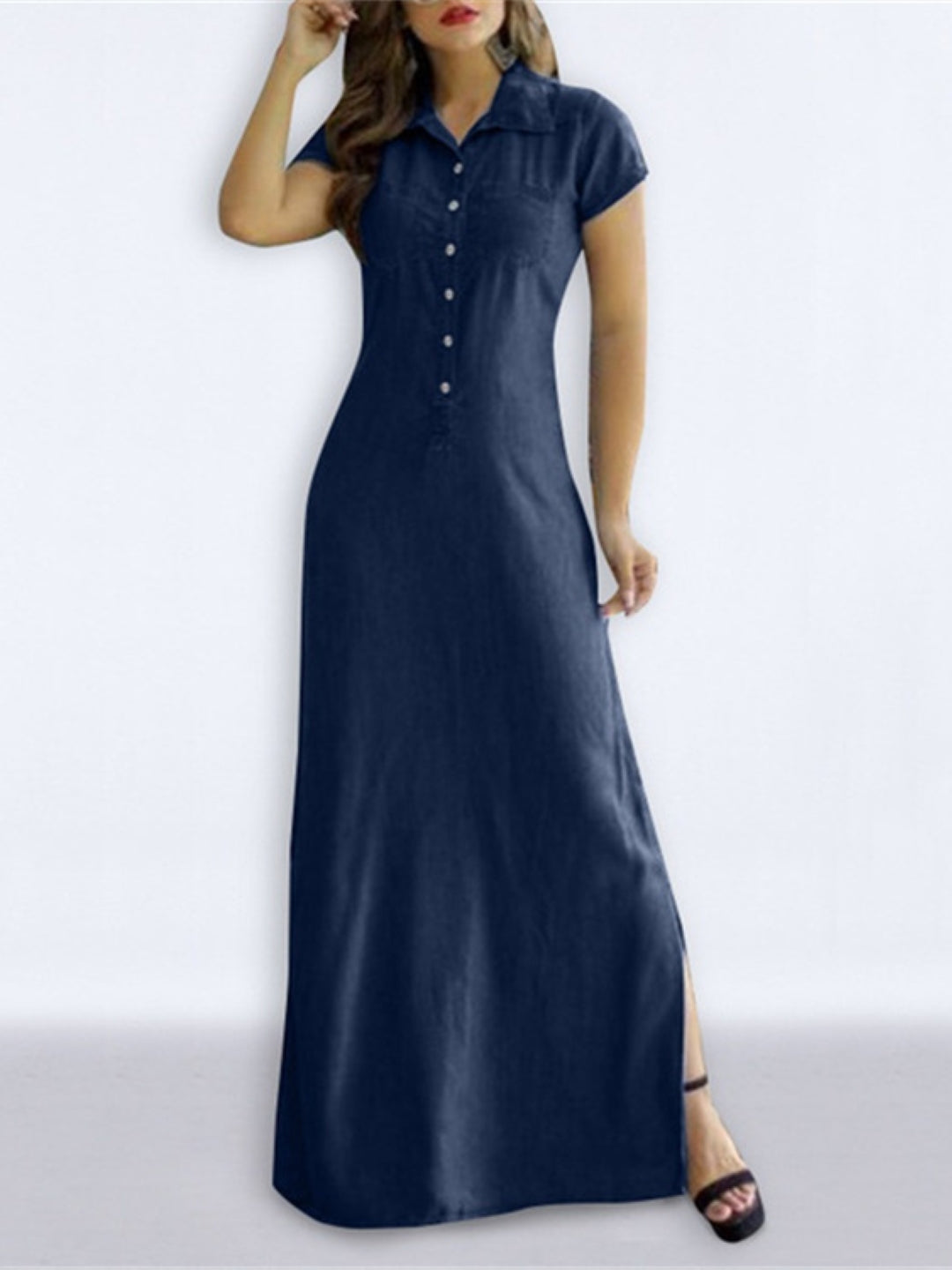 Navy Blue Shirt Collar A-Line Party Solid Short Sleeves Maxi Polyester Dress